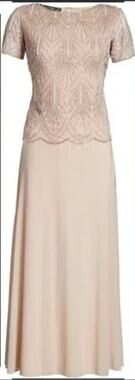 Pisarro Nights Beaded Bodice Chiffon Gown Size 4 Blush NWT Short Sleeve Formal
